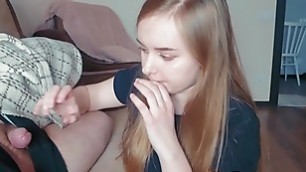 Naughty daughter decided to secretly suck daddy&#'s cock while he s., making a deep throat