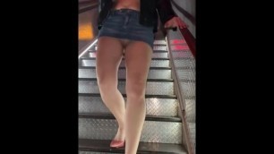 Leaving Club without my Panties or Shirt - up Skirt Pierced Pussy