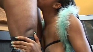 Black babe takes cock deep in her throat then strokes it with her tits then fucks