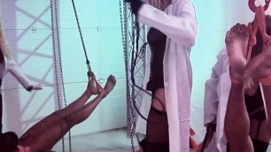Tied up in a storage room and fucked by three women